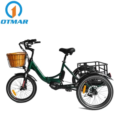 Vente chaude MID Drive City Tricycle électrique 3 roues Cargo Bike 36V / 48V Batterie au lithium 250W Tricycle électrique pliable Adultes Route Petit pneu E Trike